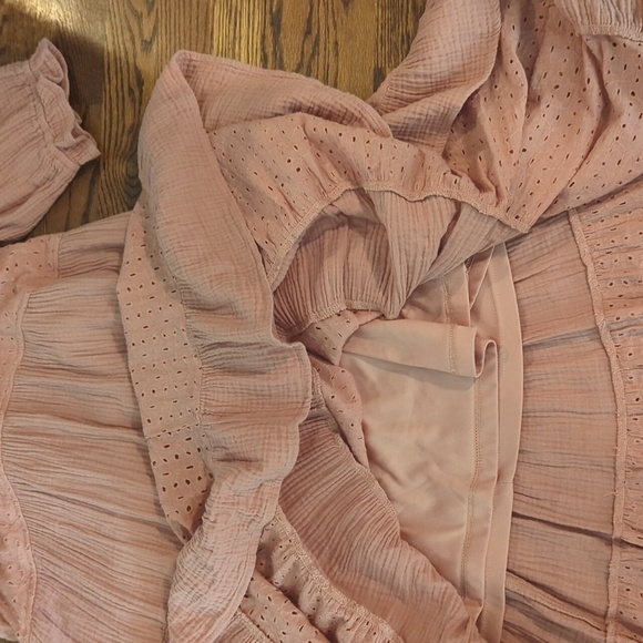 Cottagecore Pink Dress Pleated Tiered Eyelet Cotton Puff Sleeves Tiered Sz L - Picture 9 of 11